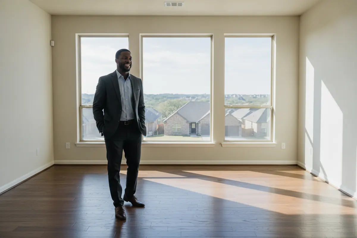 First-time buyer touring the living room of a new home in Texas