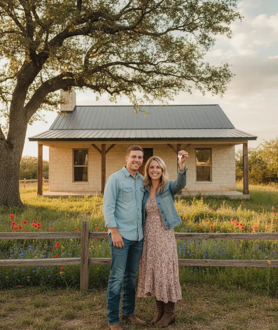 Texas first-time homebuyers holding up the keys to their new Hill Country ranch home among bluebonnets